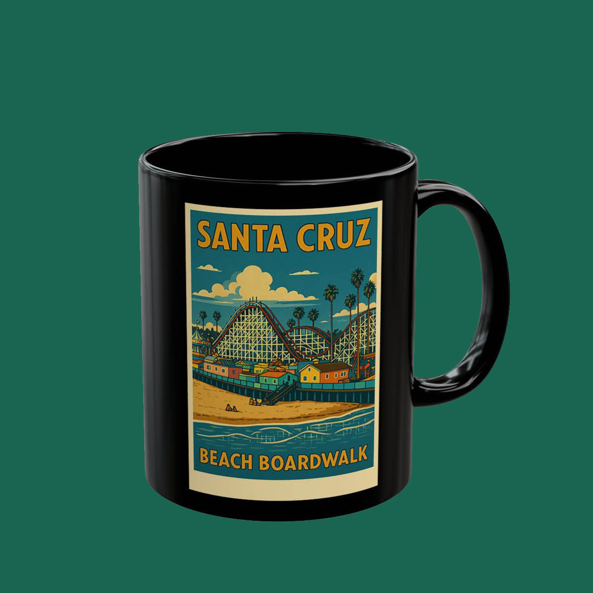 Santa Cruz Beach Boardwalk Retro Poster Black Mug — Vintage Coastal Coffee Cup (11oz/15oz)