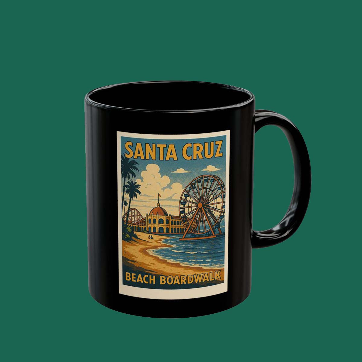 Santa Cruz Beach Boardwalk Vintage Poster Mug — Black Ceramic Coffee Cup