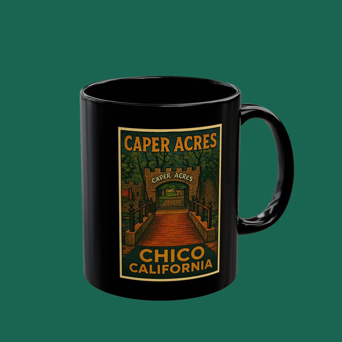 Caper Acres Chico California Black Coffee Mug — Vintage Park Sign Design (11oz & 15oz)