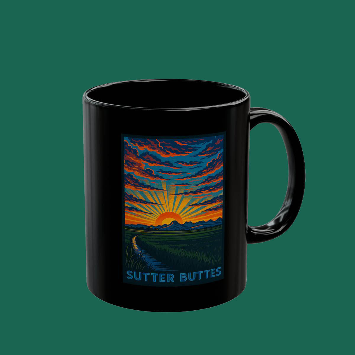 Sutter Buttes Sunrise Black Coffee Mug – Scenic Sunset Travel Coffee Cup (11oz/15oz)