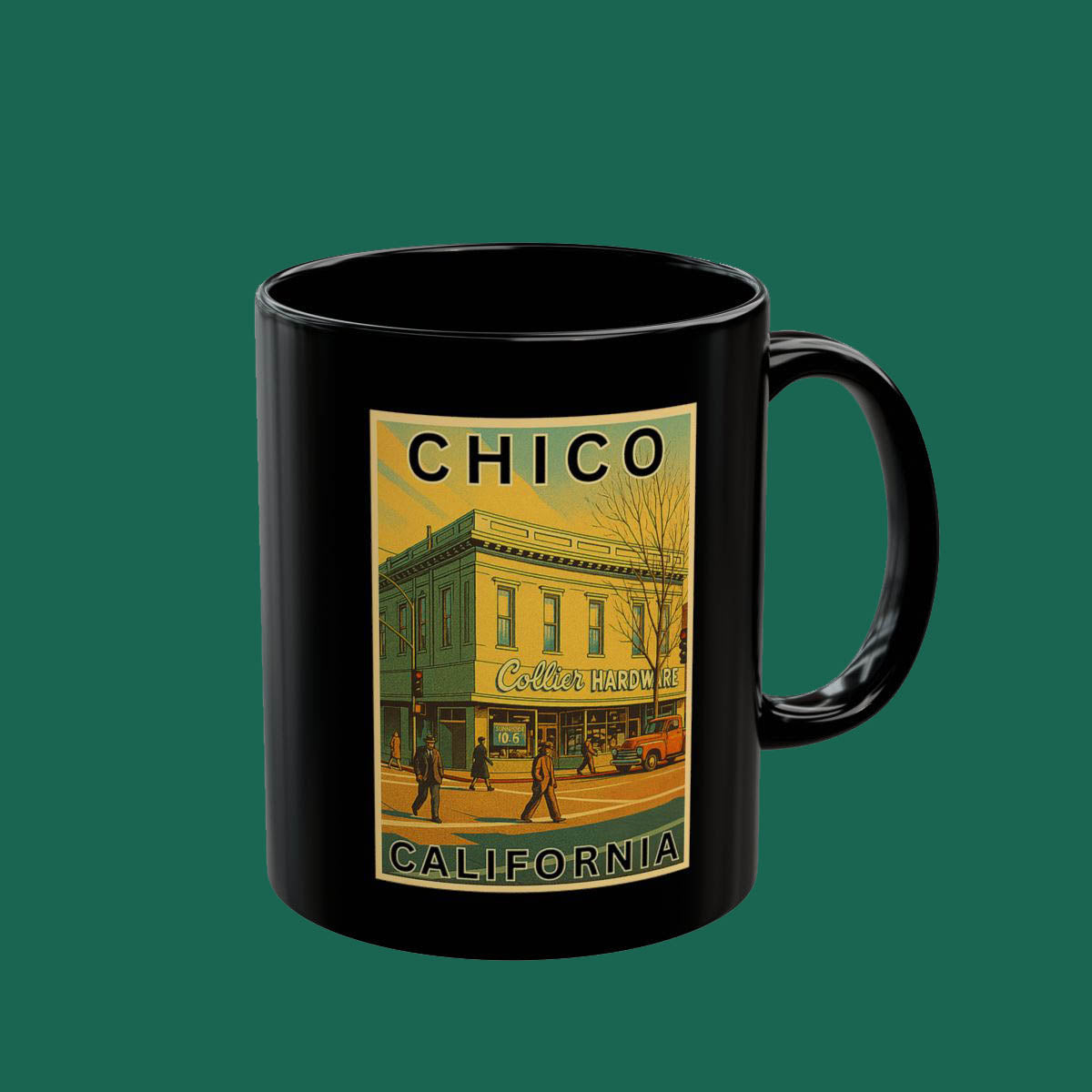 Chico California Vintage Travel Poster Black Mug – Retro Cityscape Coffee Cup (11oz/15oz)
