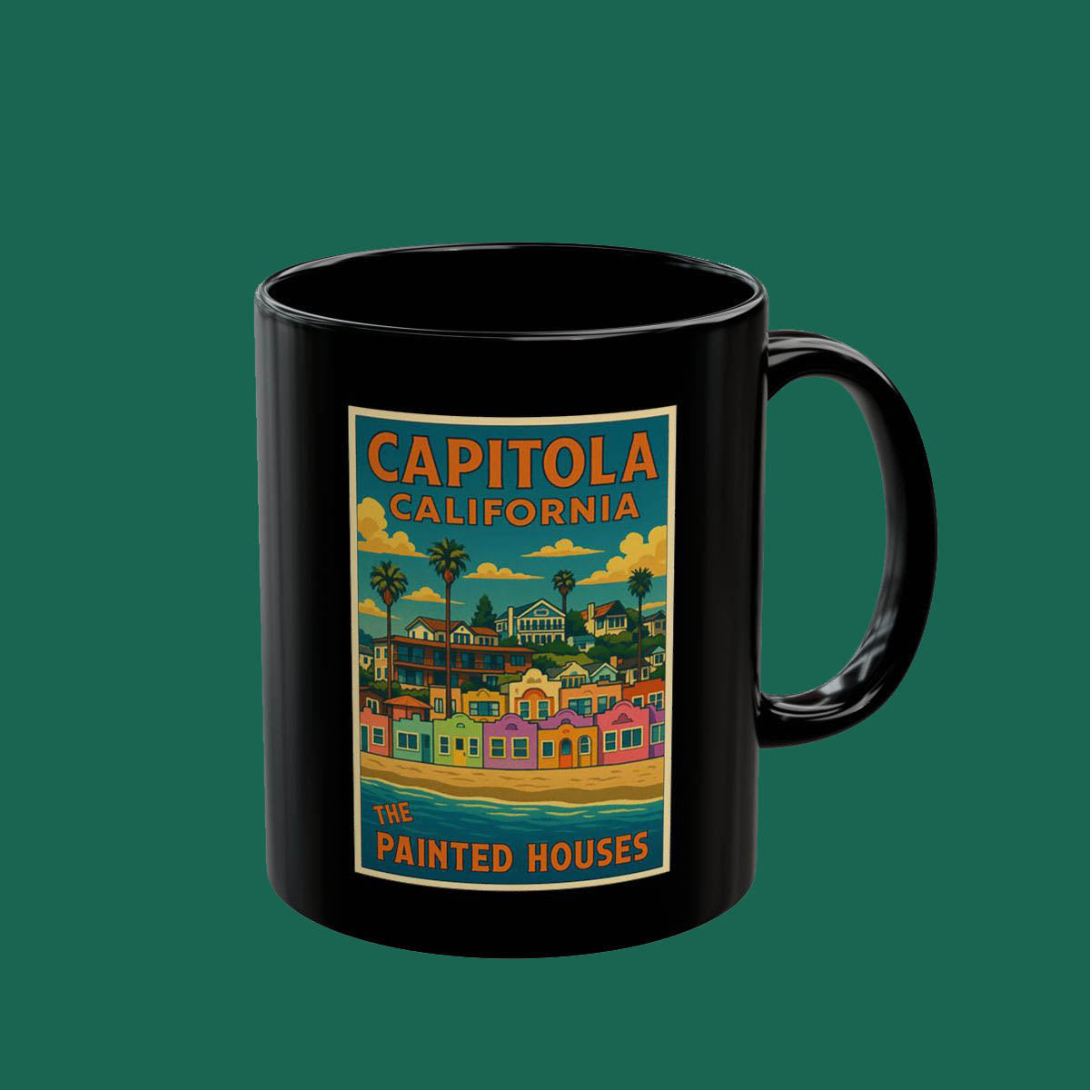 Capitola California Painted Houses Mug — Vintage Coastal Travel Coffee Cup (11oz/15oz)