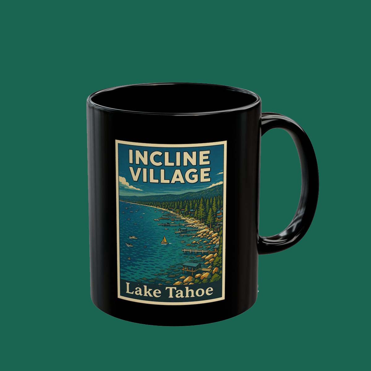 Incline Village Lake Tahoe Retro Travel Poster Black Mug — Vintage Scenic Coffee Cup (11oz, 15oz)