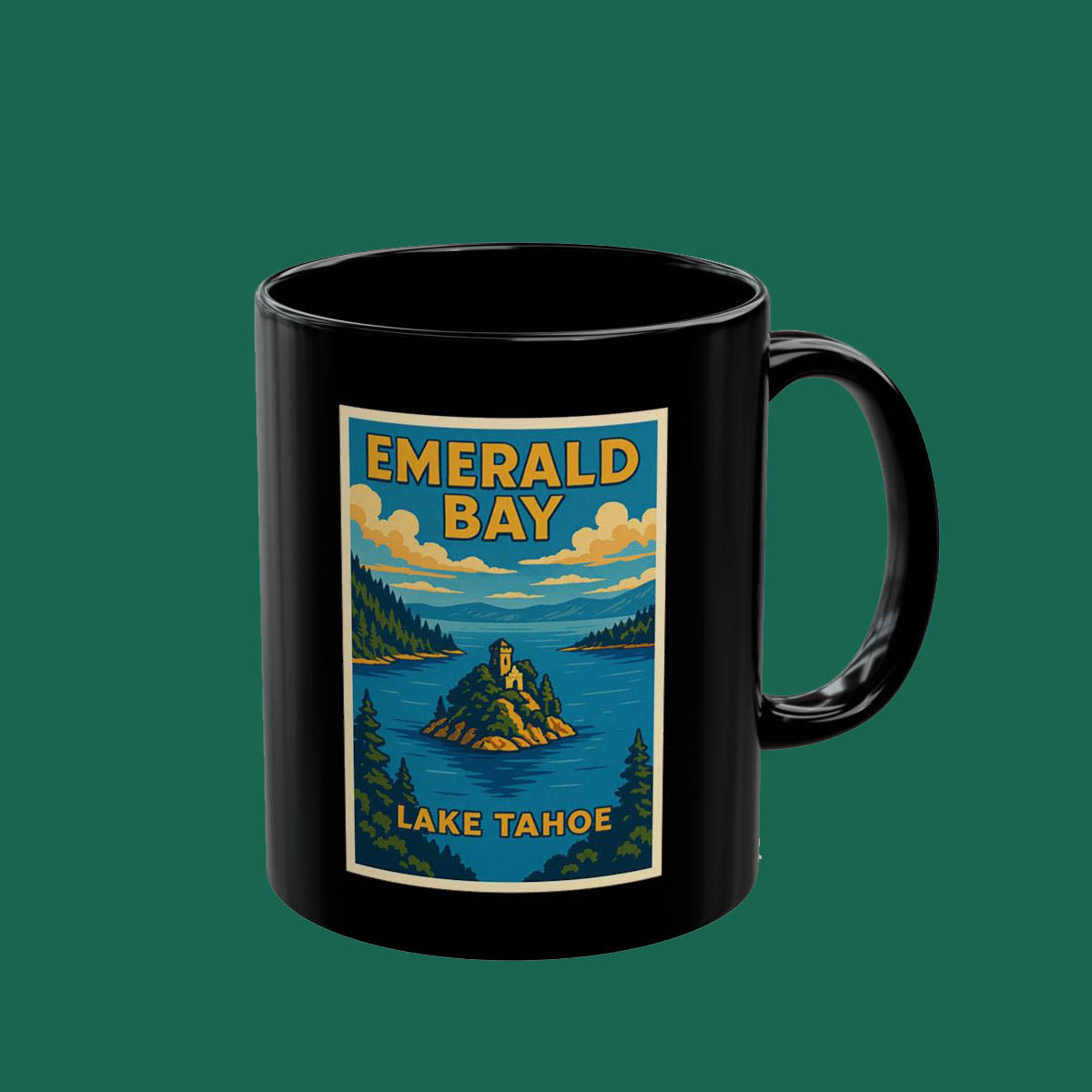 Emerald Bay Lake Tahoe Coffee Mug — Vintage Travel Poster Black Mug (11oz/15oz)