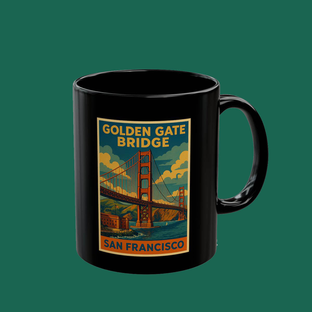 Golden Gate Bridge Vintage Poster Black Mug — San Francisco Travel Coffee Cup (11oz/15oz)