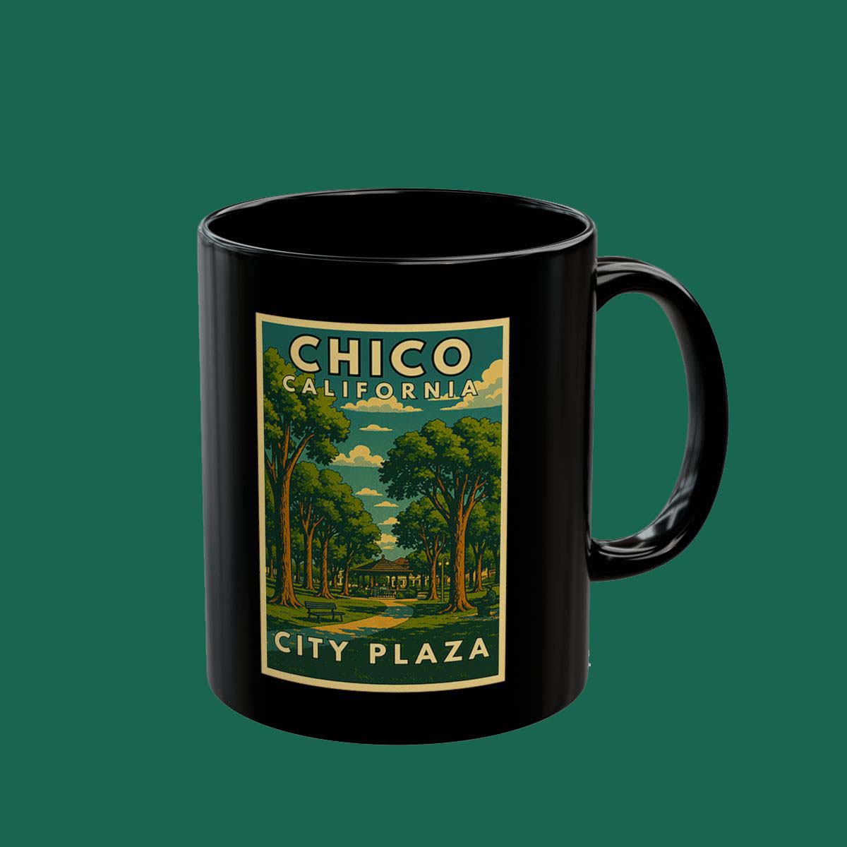 Chico California City Plaza Vintage Travel Poster Black Coffee Mug (11oz/15oz)