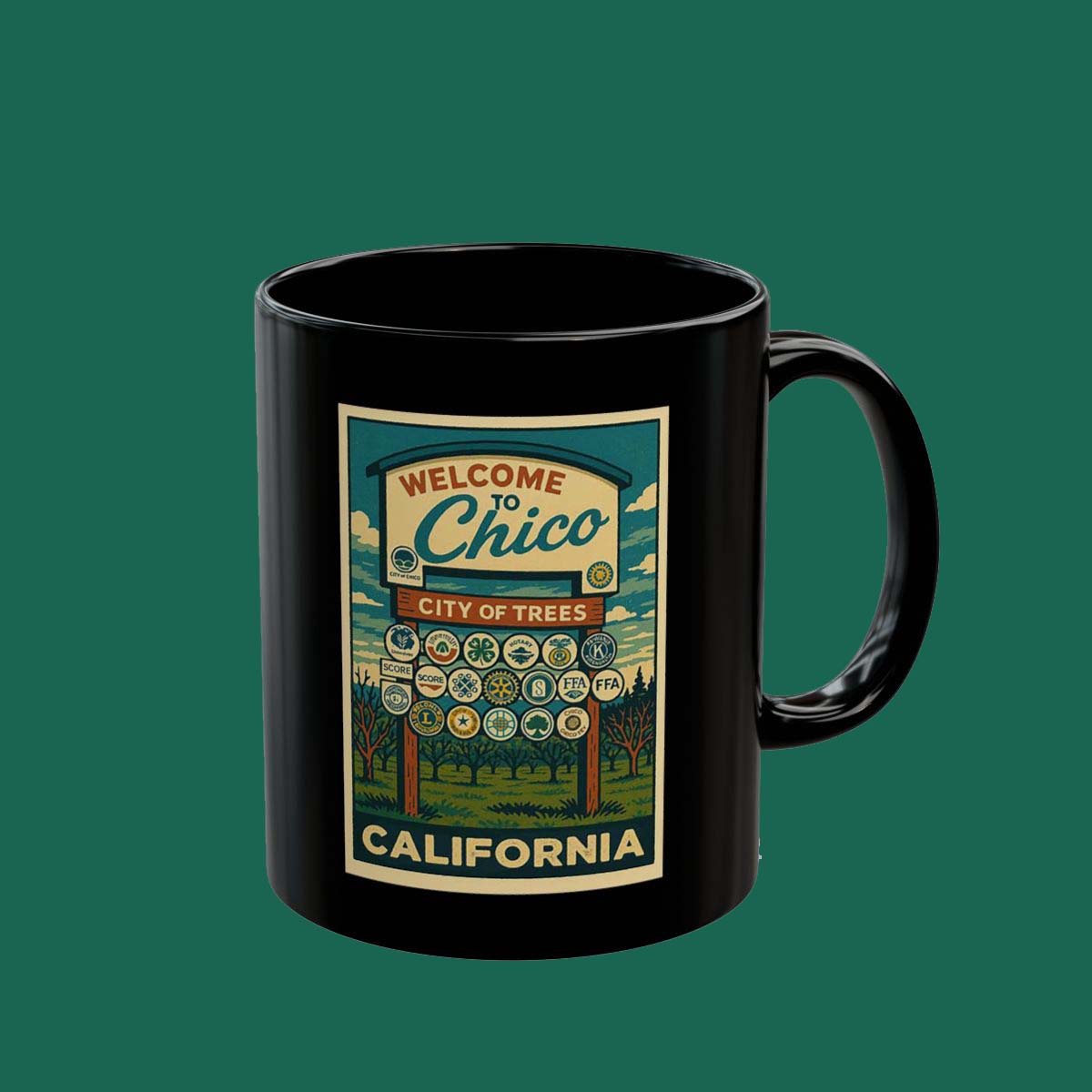 Chico California Retro Travel Mug – 'Welcome to Chico' Black Ceramic Coffee Cup (11oz/15oz)