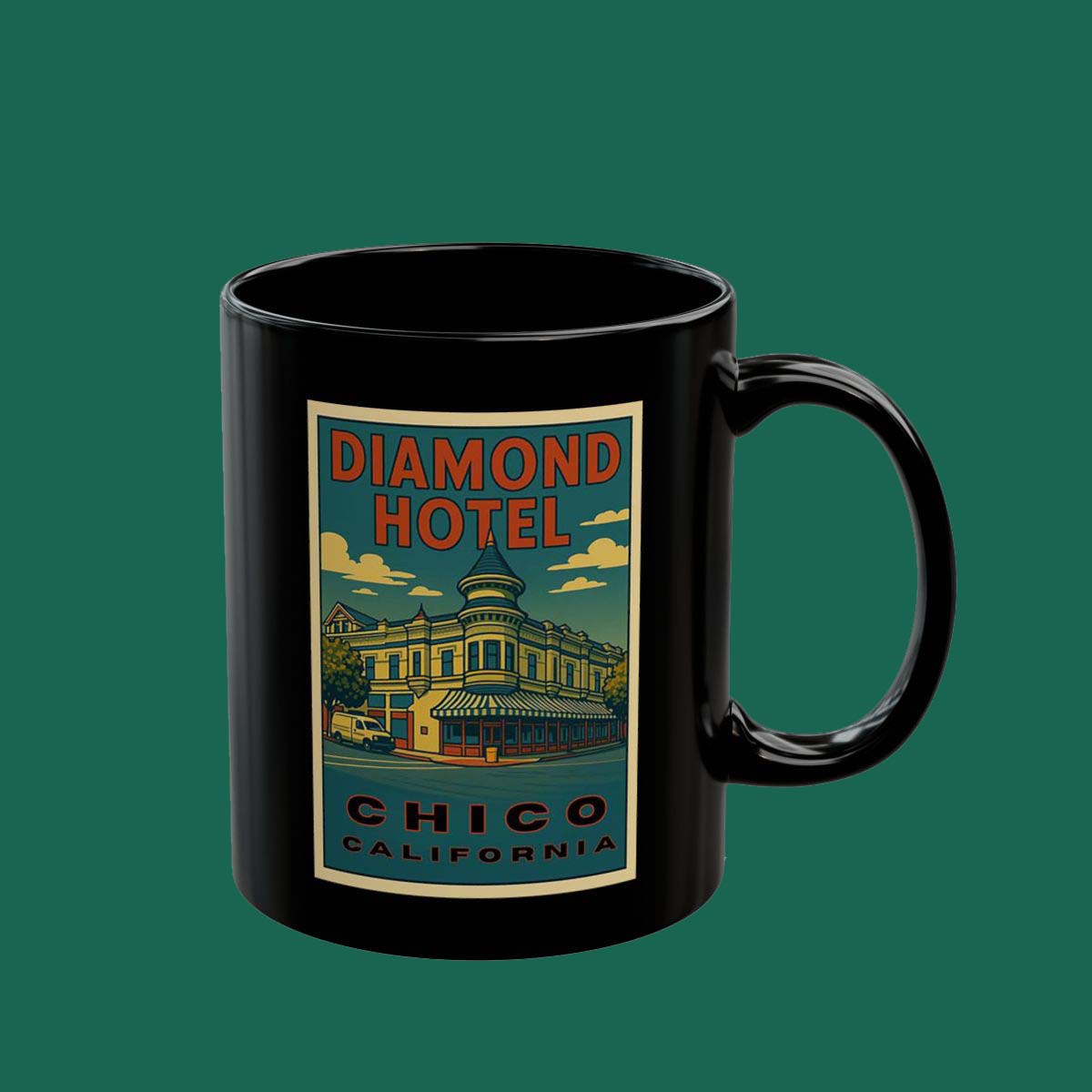 Diamond Hotel Chico California Black Mug — Vintage Travel Poster Coffee Cup (11oz/15oz)