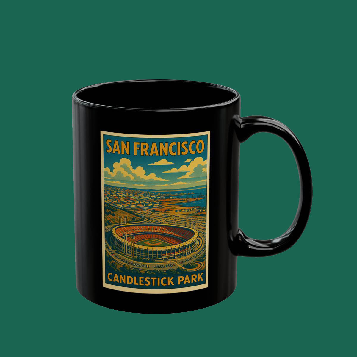 San Francisco Candlestick Park Vintage Poster Mug — Retro Cityscape Coffee Cup
