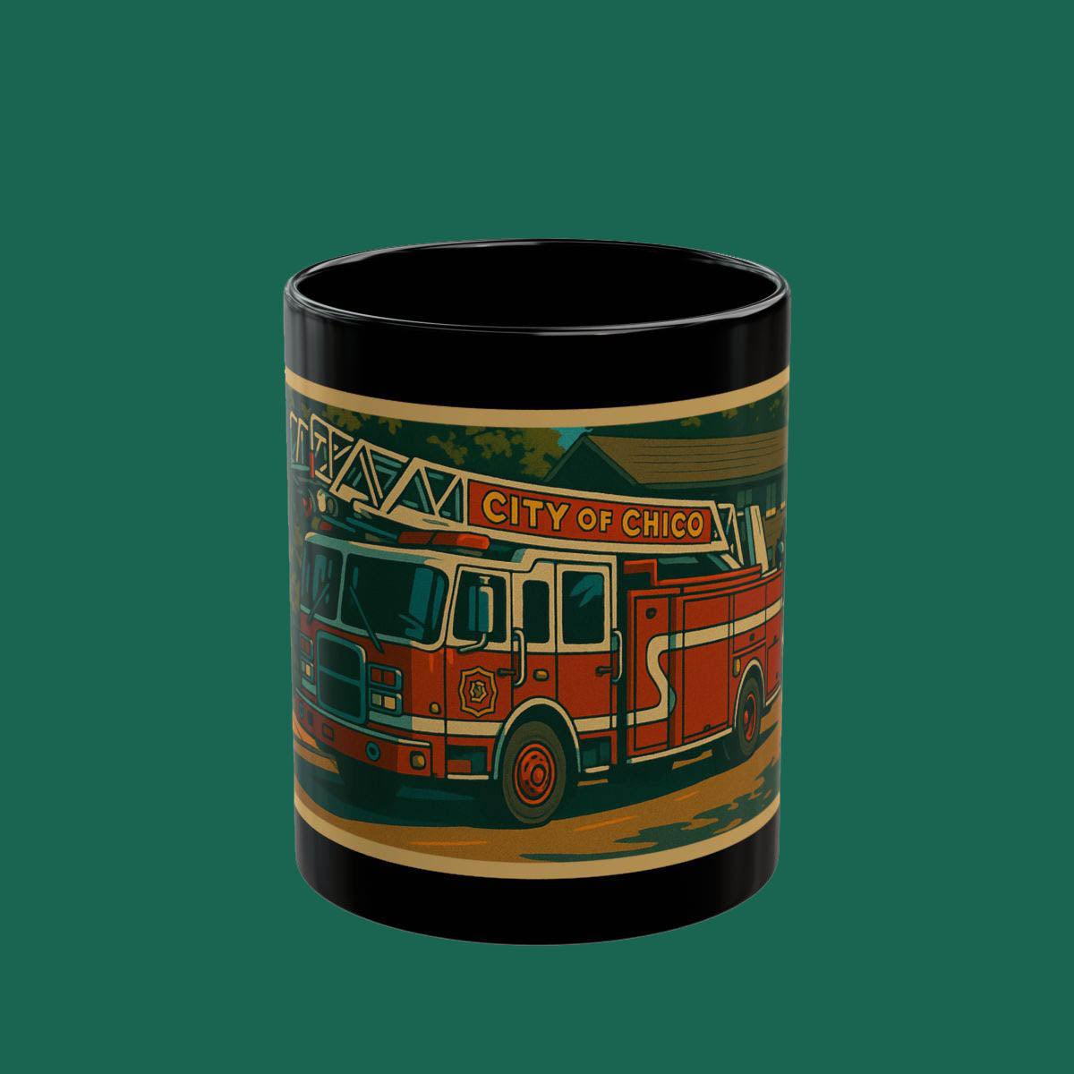 City of Chico Firetruck Black Mug — Vintage Firefighter Coffee Cup (11oz/15oz)