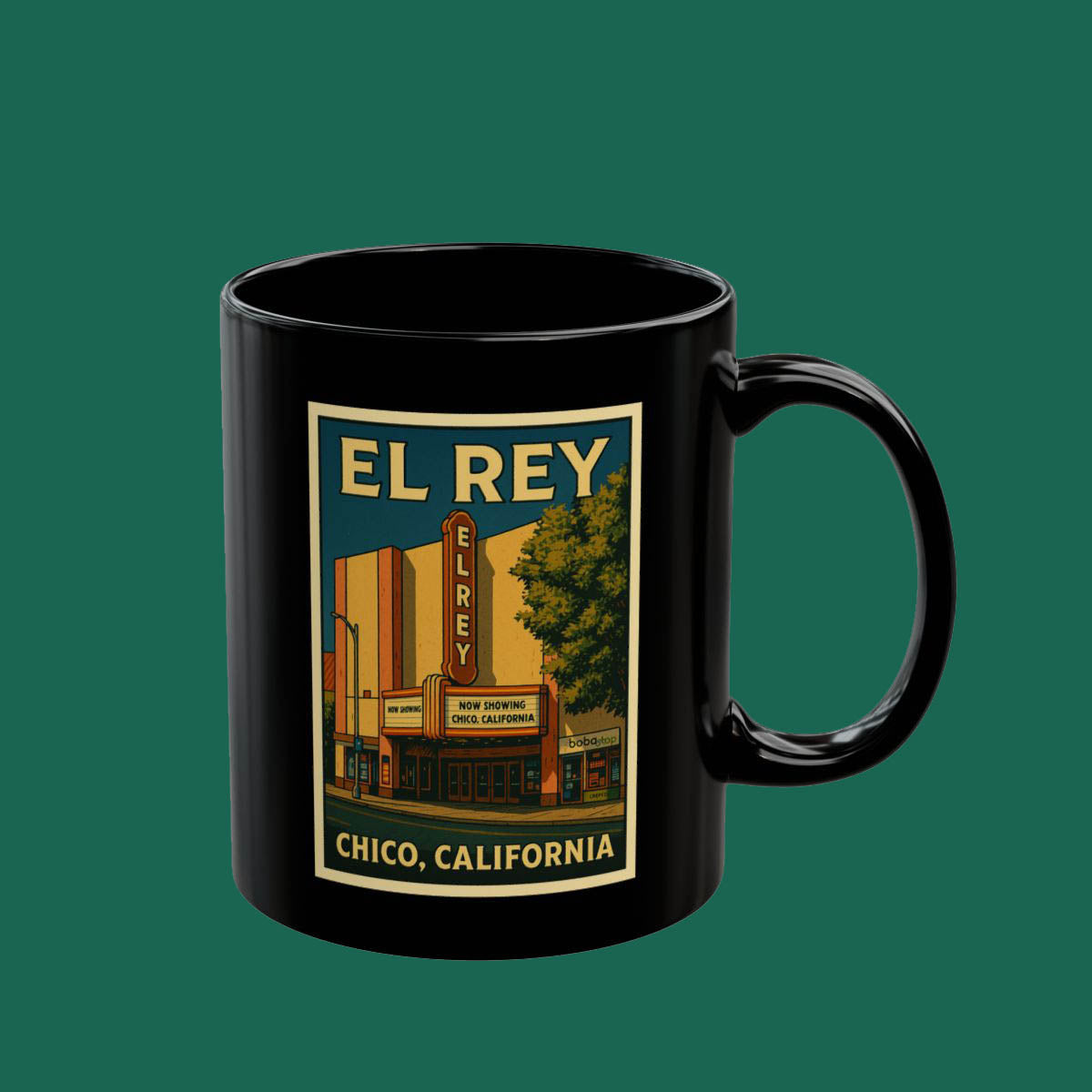 El Rey Theatre Chico California Black Coffee Mug — Vintage Movie Poster Travel Souvenir (11oz/15oz)