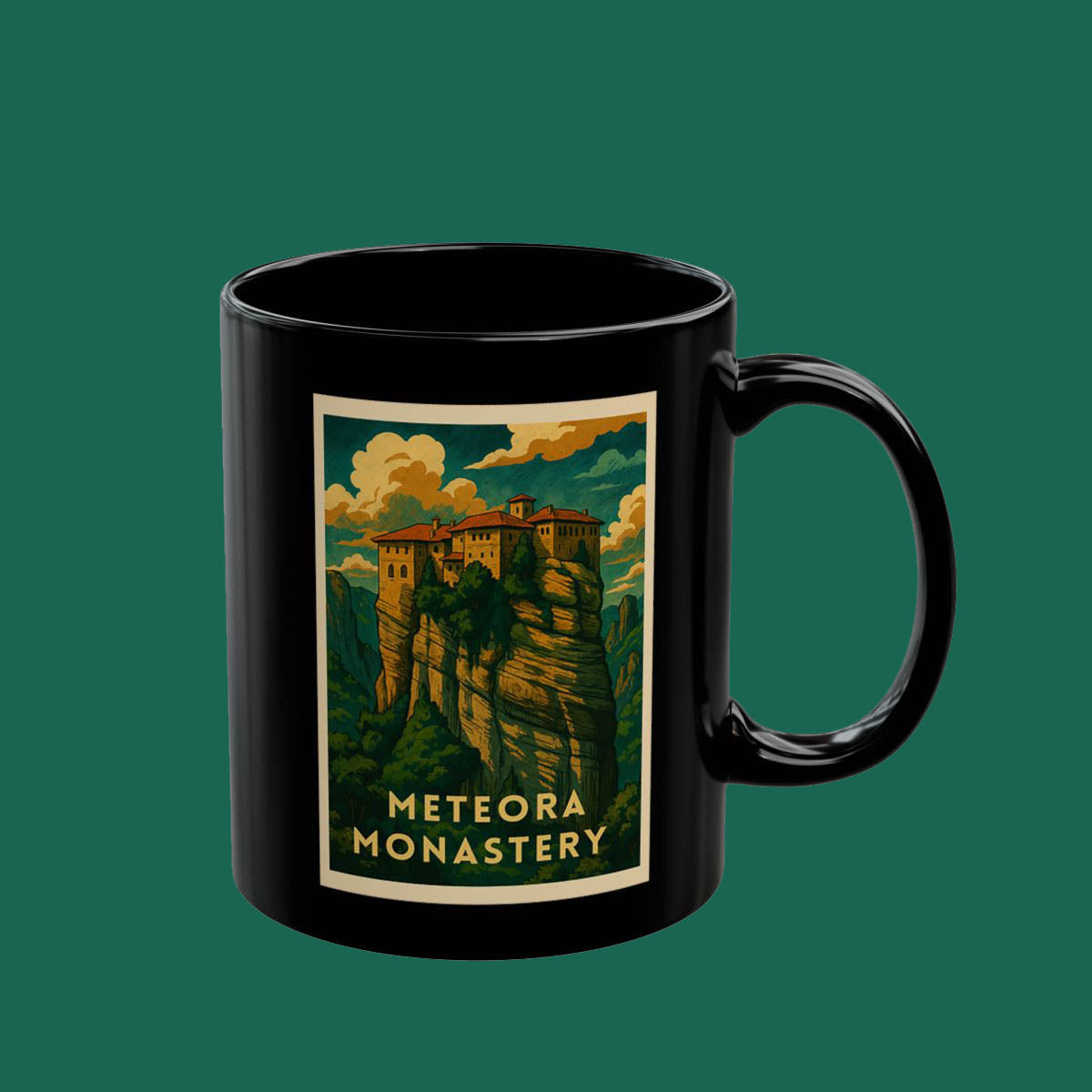 Meteora Monastery Travel Poster Black Mug – Scenic Greece Souvenir (11oz & 15oz)