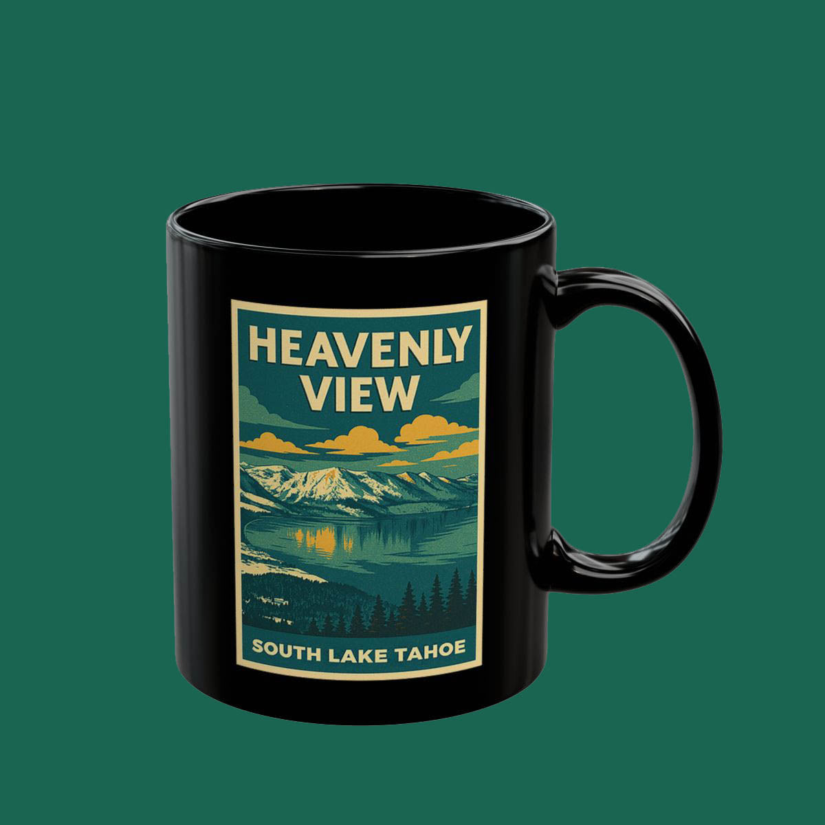 Heavenly View South Lake Tahoe Black Coffee Mug — Scenic Vintage Mountain Lake Design (11oz & 15oz)
