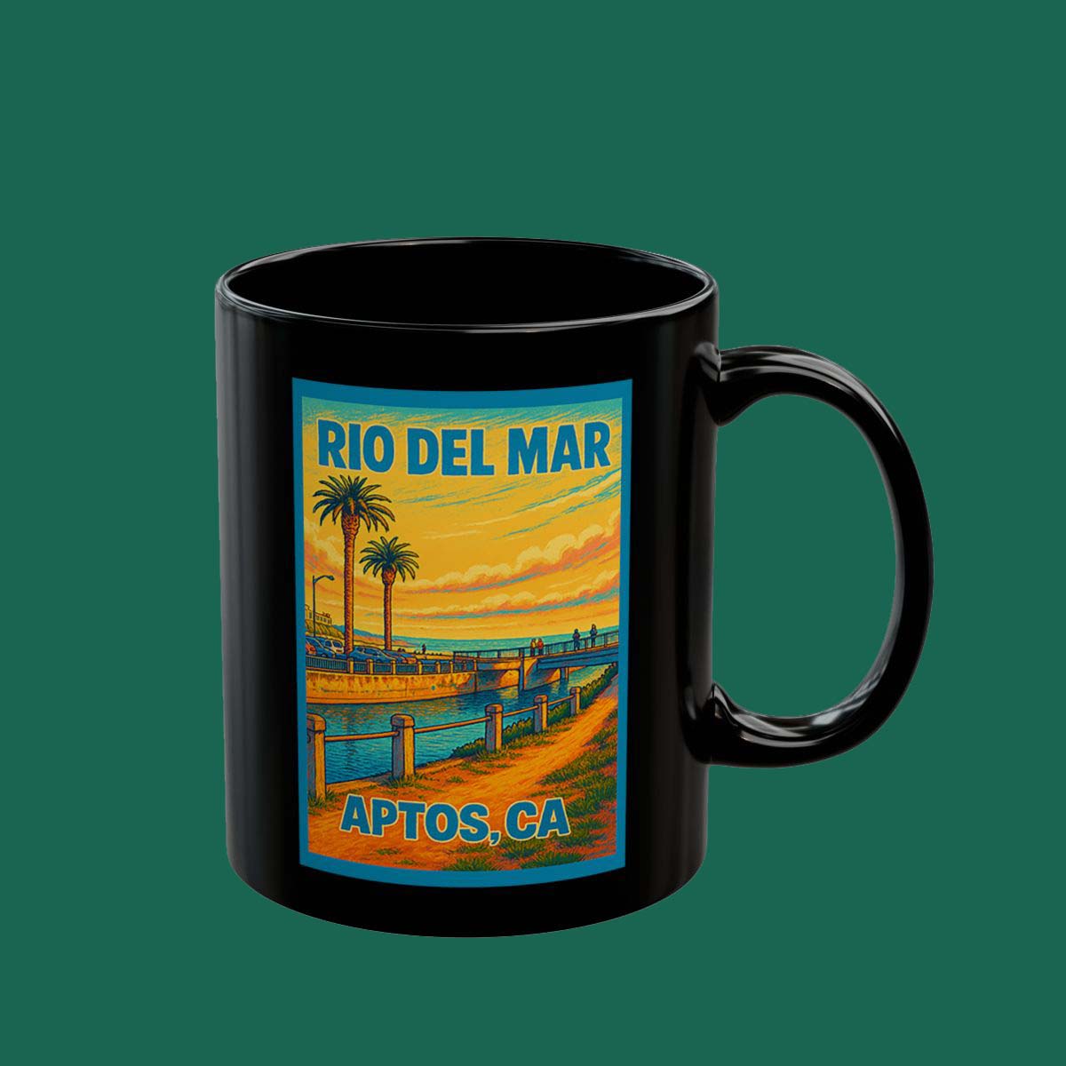 Rio Del Mar Aptos, CA Black Coffee Mug — Vintage Coastal Sunset Travel Poster Design (11oz, 15oz)