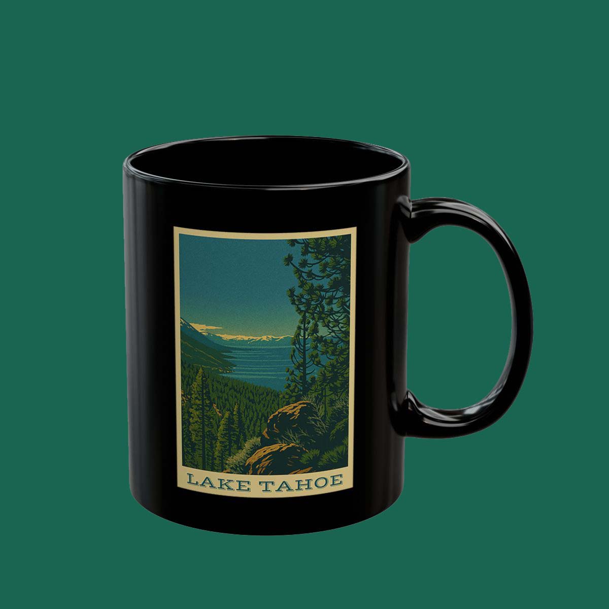 Scenic Lake Vista Black Mug — Retro National Park Landscape Coffee Cup (11oz/15oz)