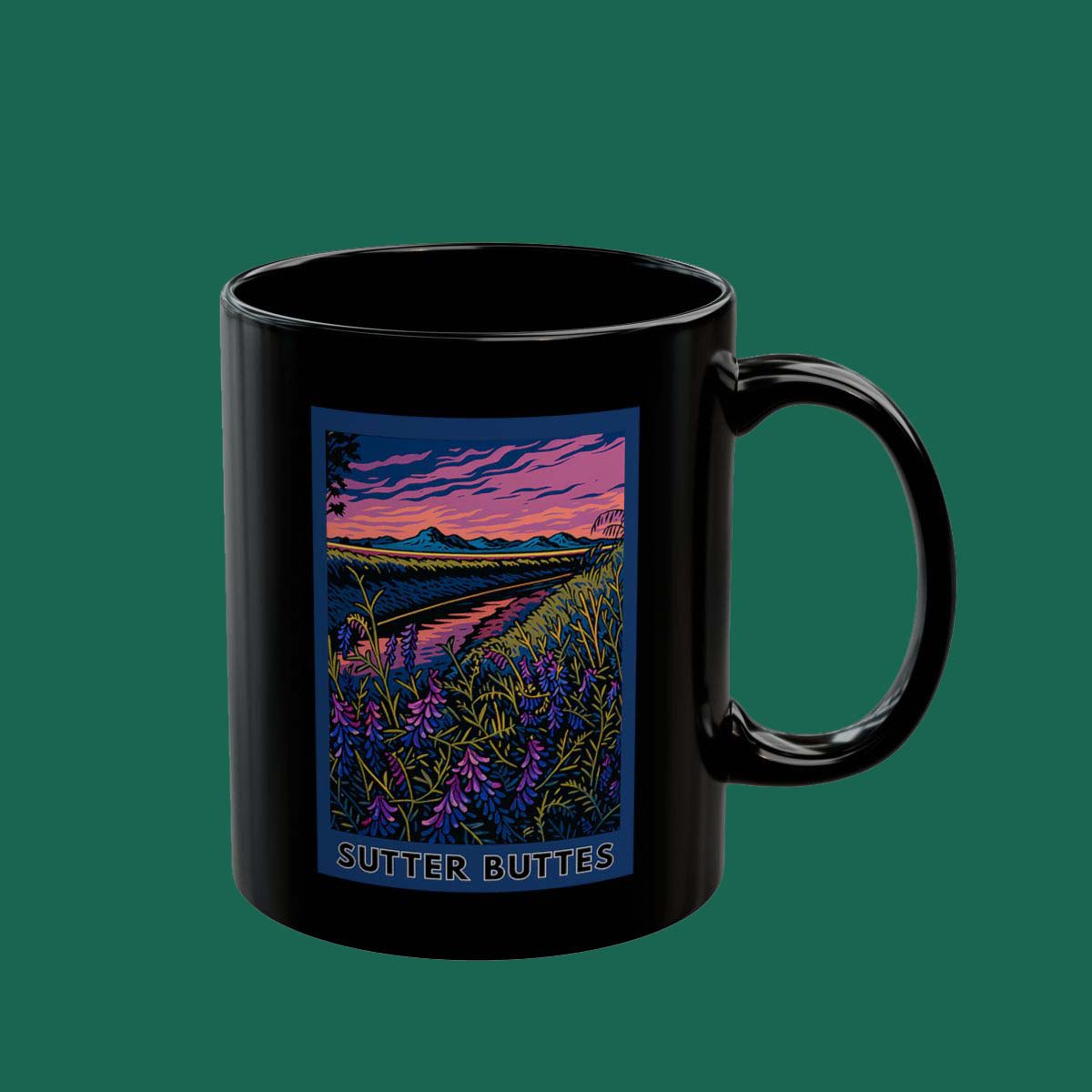 Scenic Sunset River Black Mug – Wildflower Landscape Coffee Cup (11oz/15oz)