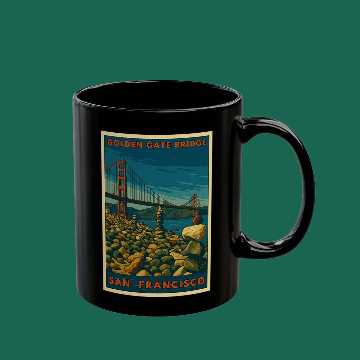 San Francisco Golden Gate Bridge Poster Mug — Black Coffee Cup (11oz/15oz)