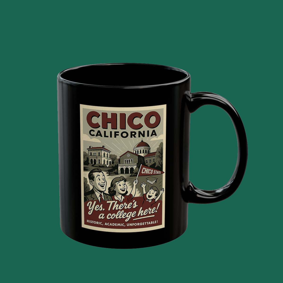 Chico California Retro Travel Mug — “Yes, There’s a College Here!” Black Coffee Cup