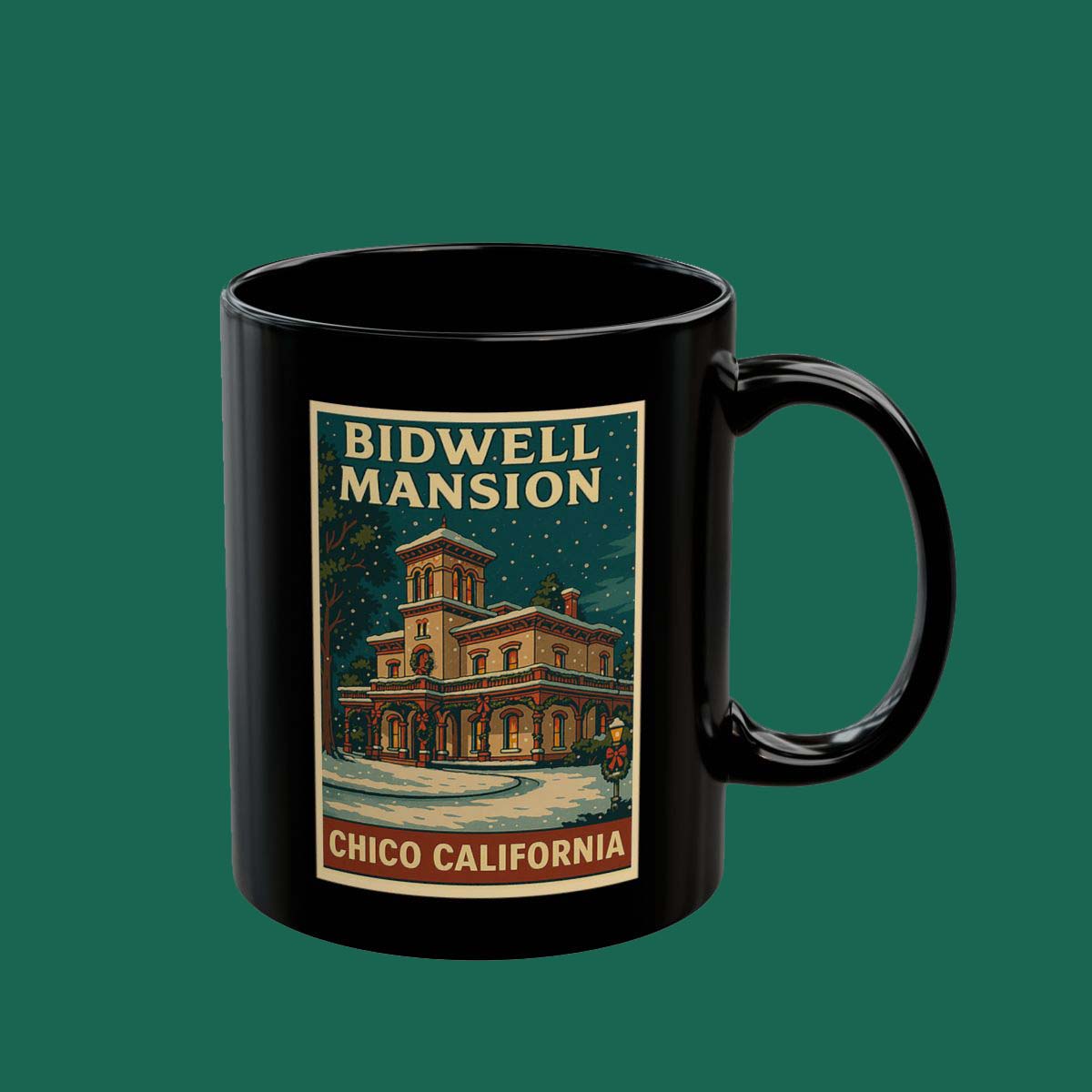 Snowy Bidwell Mansion Mug — Vintage Chico, California Snow Scene (11oz/15oz)