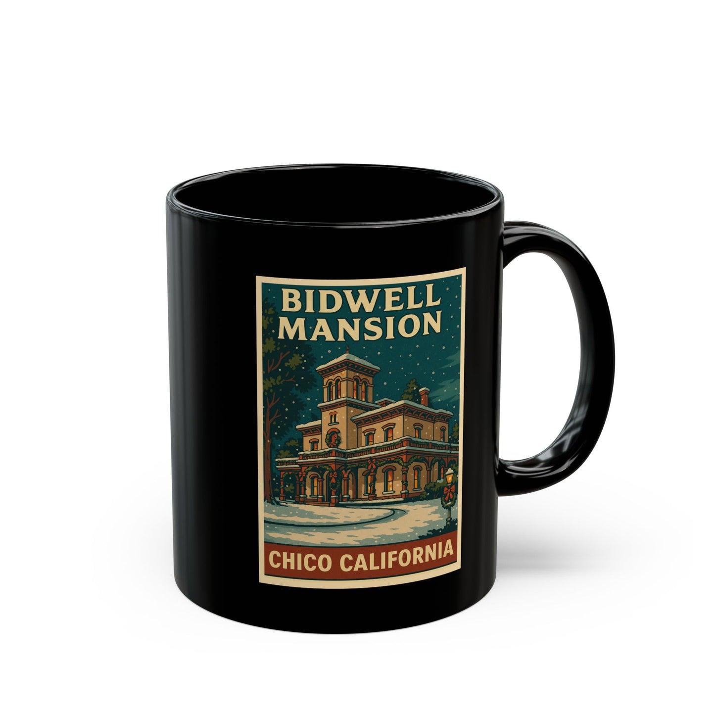Bidwell Mansion Holiday Coffee Mug — Festive Black 11oz & 15oz
