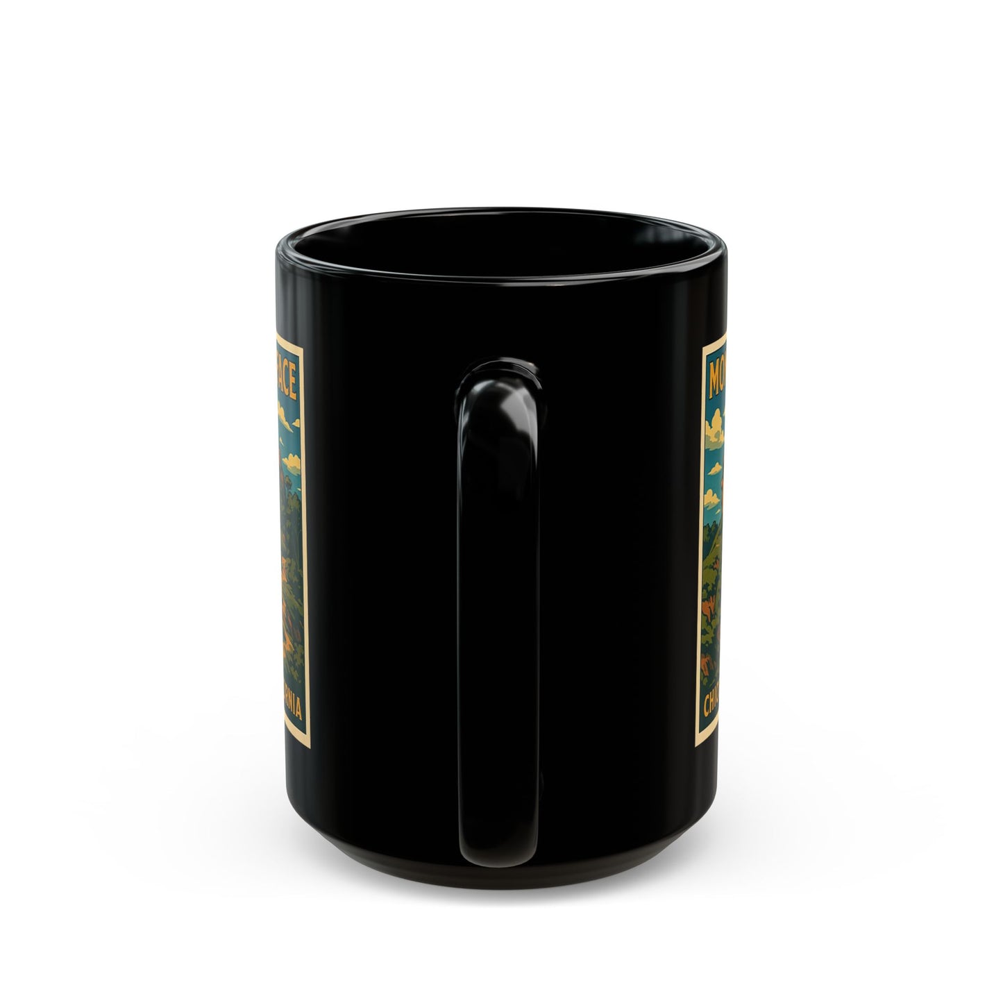 Monkey Face Chico California Coffee Mug — Vintage National Park Style Black Ceramic
