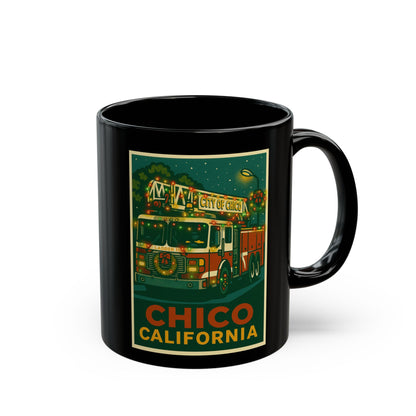 Festive Fire Truck Holiday Mug — 11oz & 15oz Black Coffee Cup