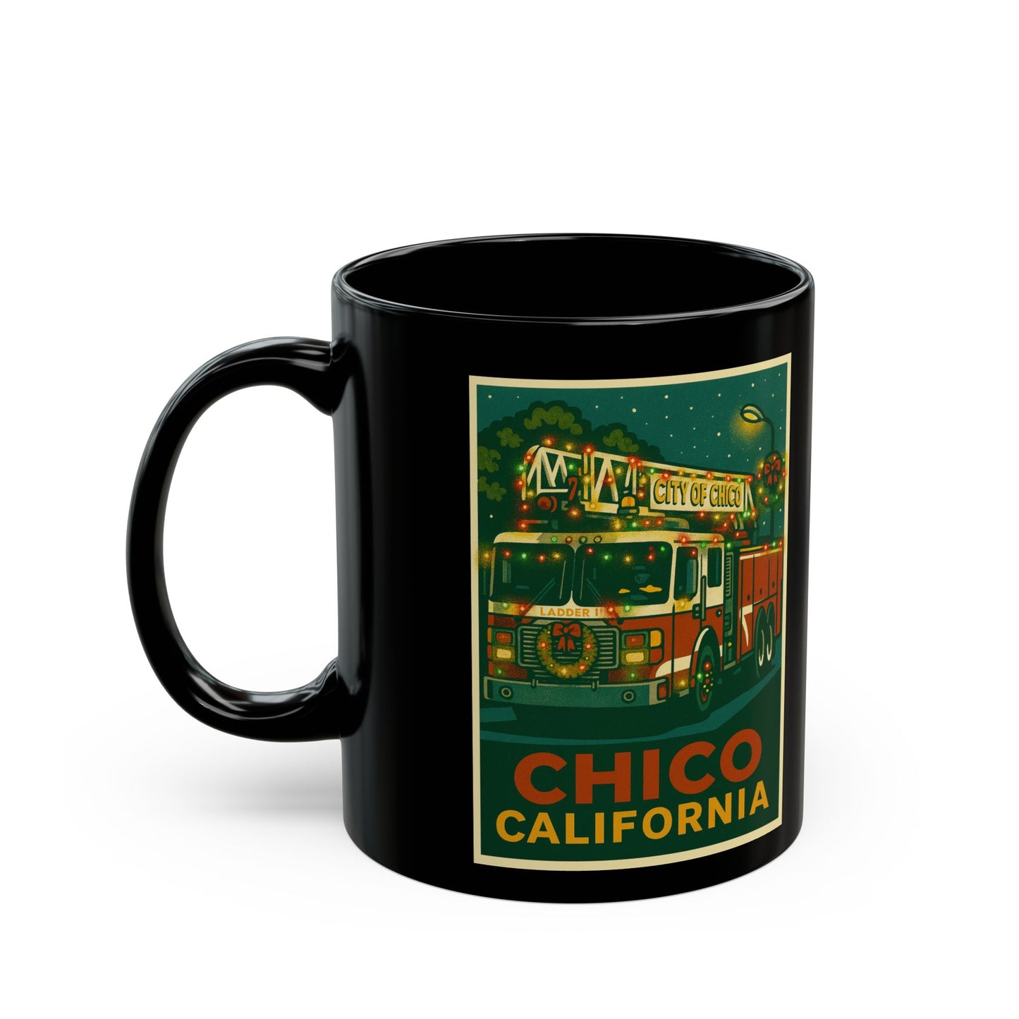 Festive Fire Truck Holiday Mug — 11oz & 15oz Black Coffee Cup