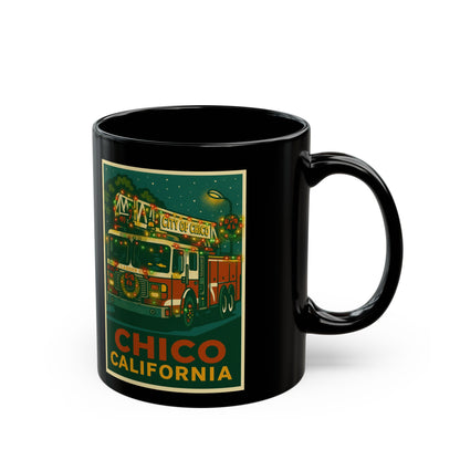 Festive Fire Truck Holiday Mug — 11oz & 15oz Black Coffee Cup