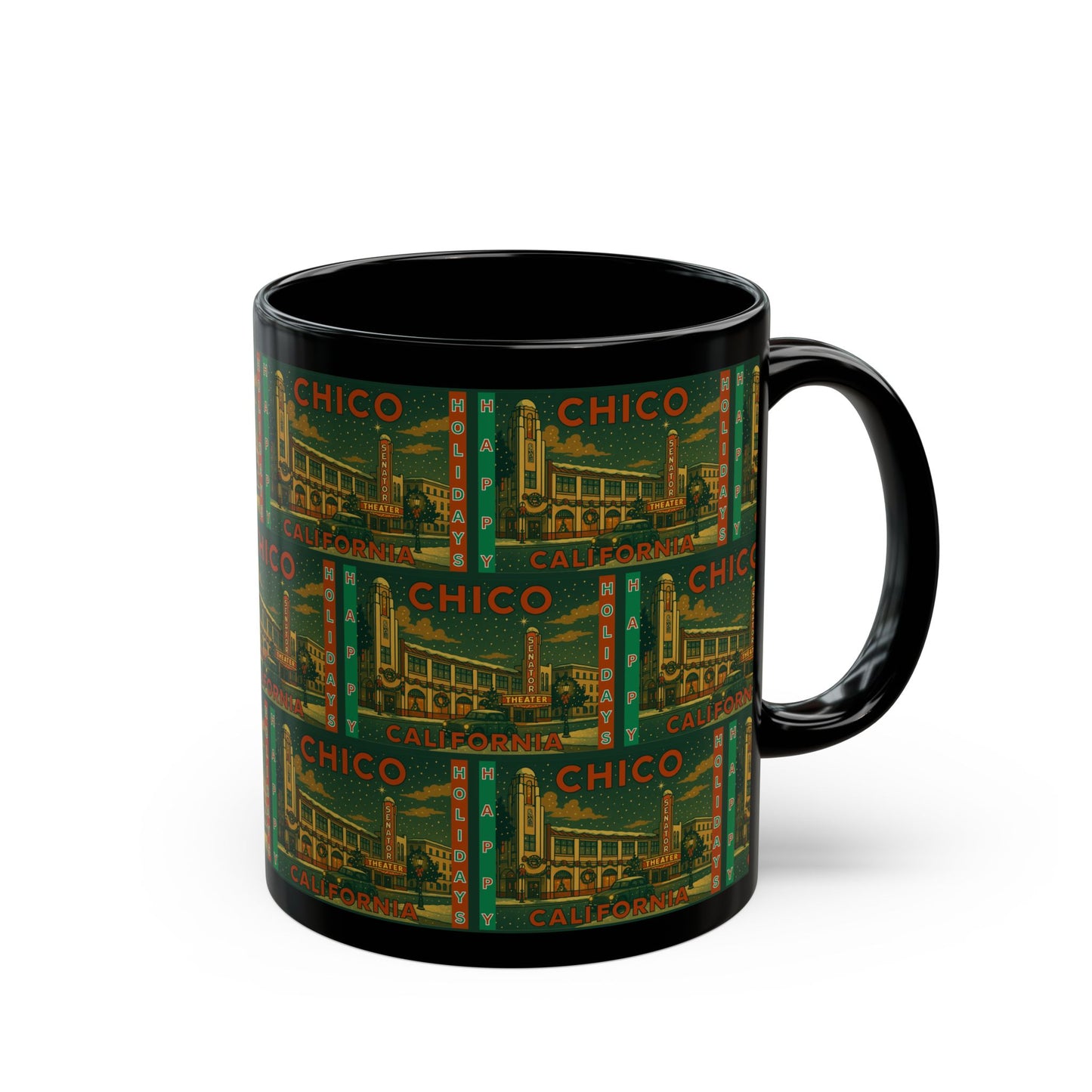 Senator Theater Chico Holiday Black Mug — Festive Downtown Chico Cinema Scene (11oz/15oz)