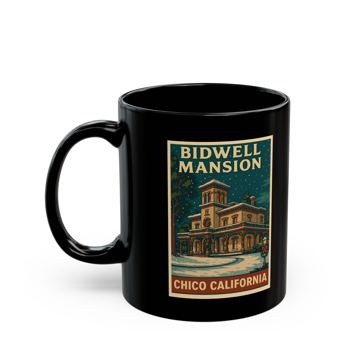 Bidwell Mansion Holiday Coffee Mug — Festive Black 11oz & 15oz