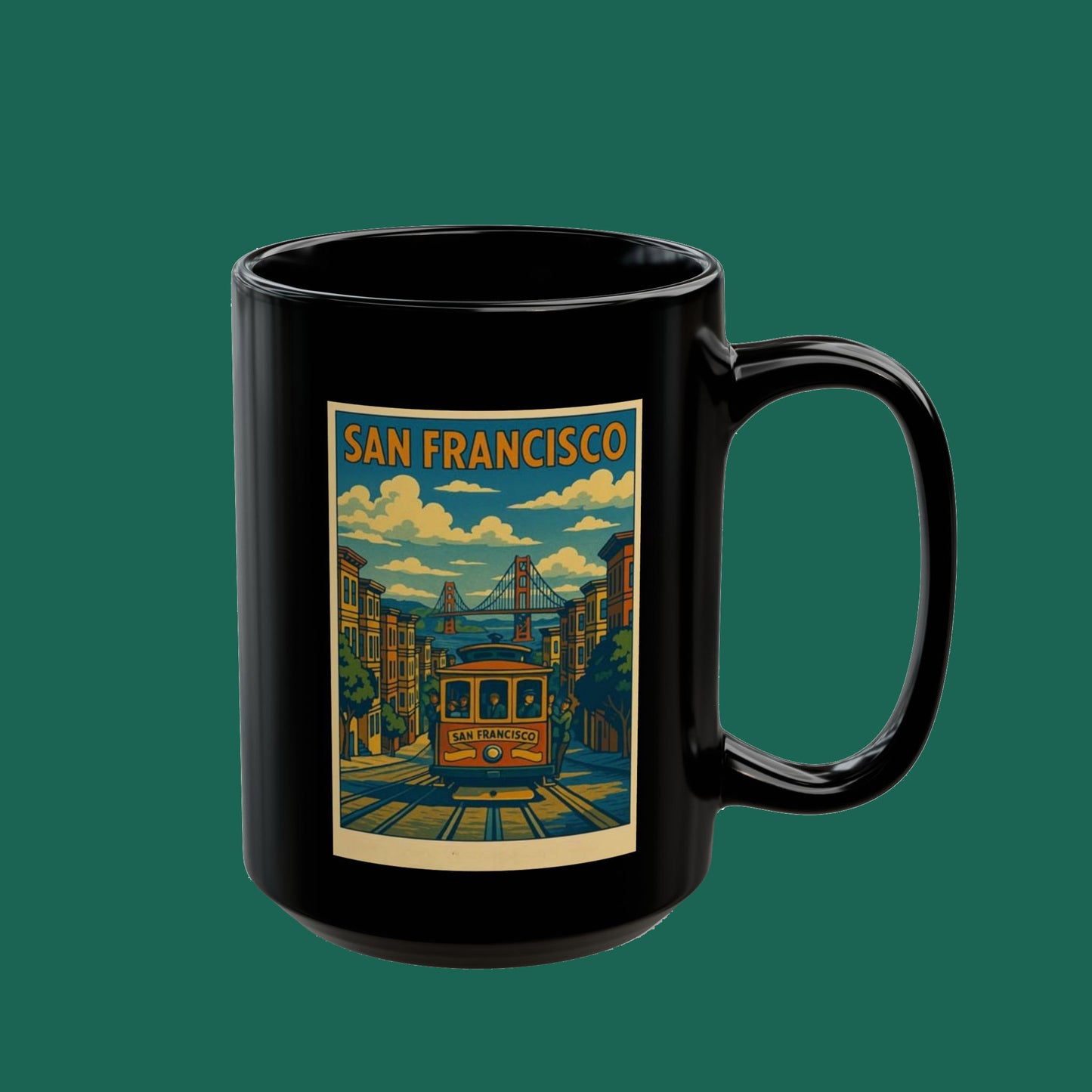 San Francisco Cable Car Black Mug – Vintage Cityscape Coffee Cup