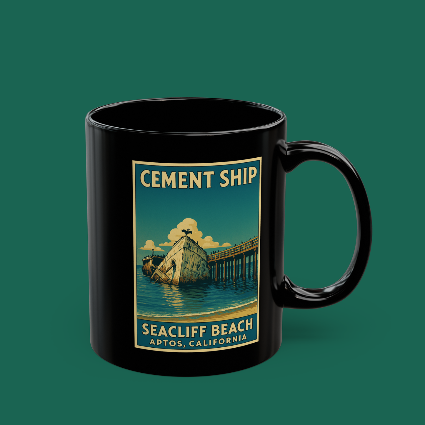 Cement Ship Seacliff Beach Black Mug – Aptos, California Vintage Travel Coffee Mug