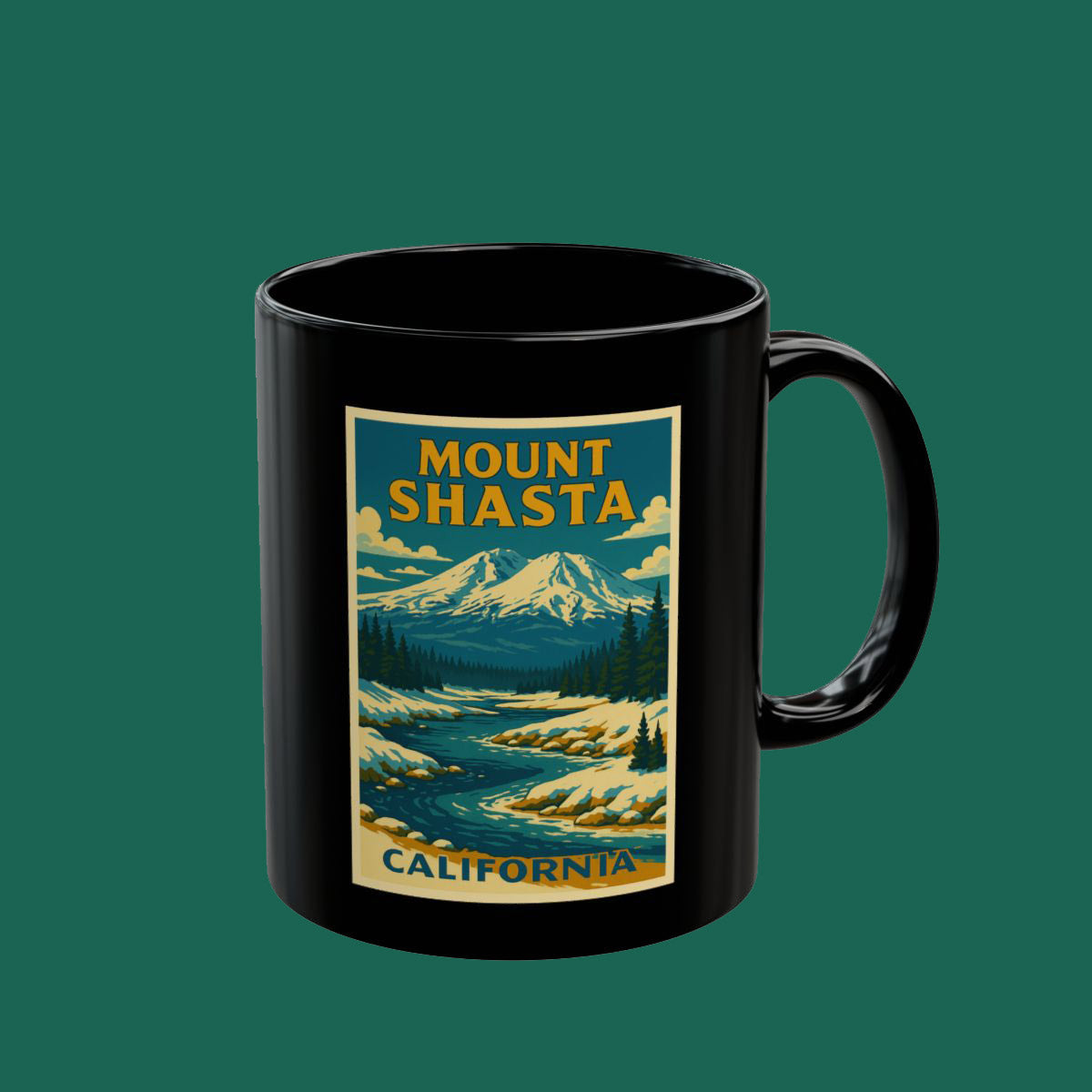 Mount Shasta California Retro Travel Mug — Black Coffee Cup (11oz & 15oz)