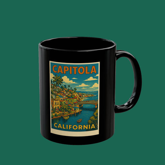 Capitola California Vintage Travel Poster Black Mug — Retro Beach Coffee Cup (11oz, 15oz)