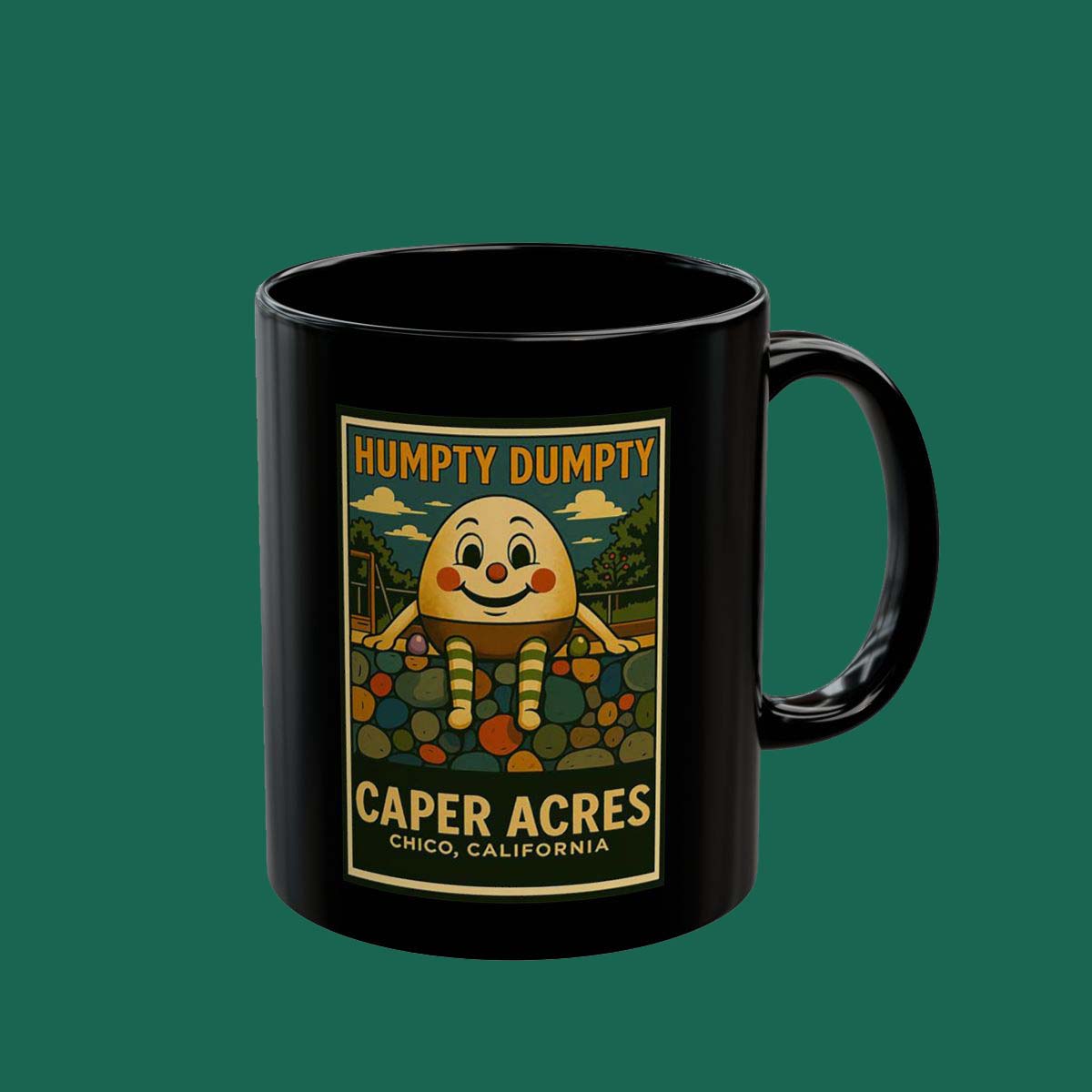 Humpty Dumpty Caper Acres Black Mug – Vintage Chico, California Coffee Cup