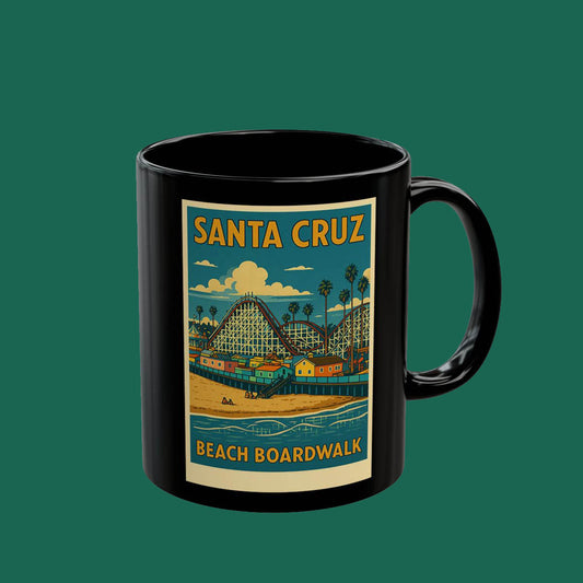 Santa Cruz Beach Boardwalk Retro Poster Black Mug — Vintage Coastal Coffee Cup (11oz/15oz)