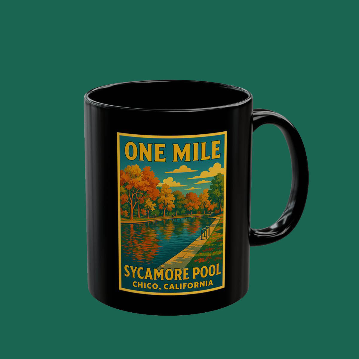 Sycamore Pool 'One Mile' Scenic Black Coffee Mug — Chico, California Vintage Travel Poster