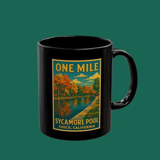 Sycamore Pool 'One Mile' Scenic Black Coffee Mug — Chico, California Vintage Travel Poster