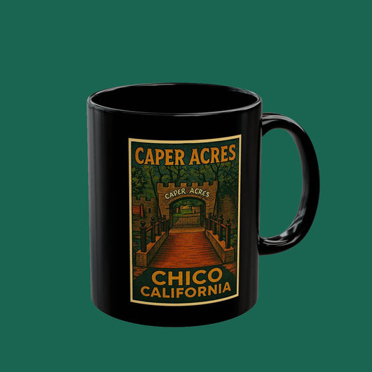 Caper Acres Chico California Black Coffee Mug — Vintage Park Sign Design (11oz & 15oz)