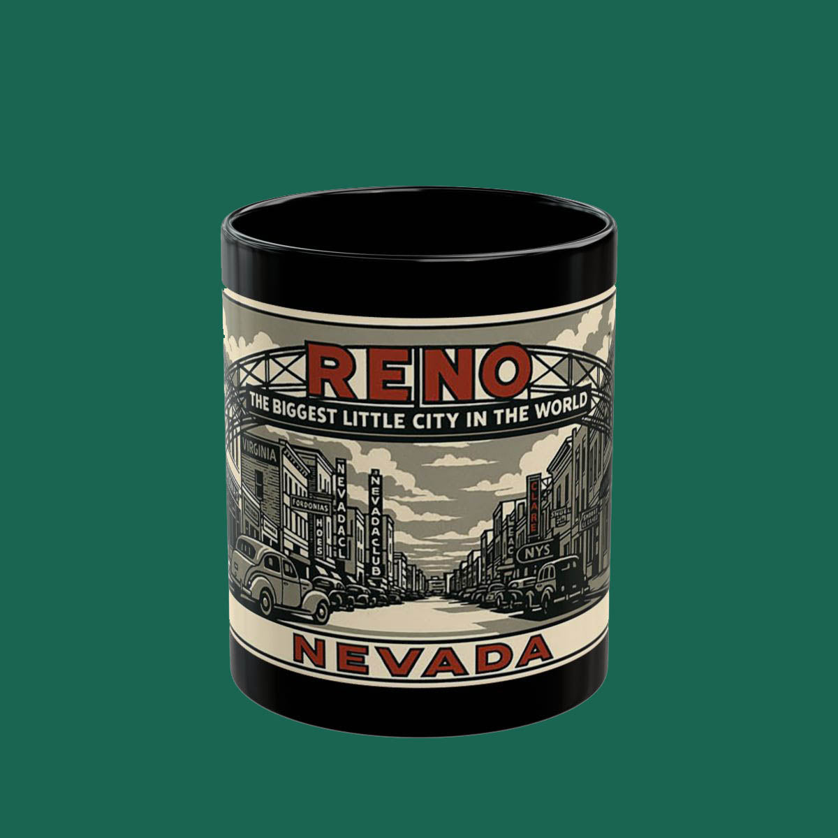 Reno Nevada Vintage Street Scene Black Coffee Mug — "Reno: The Biggest Little City in the World" (11oz/15oz)