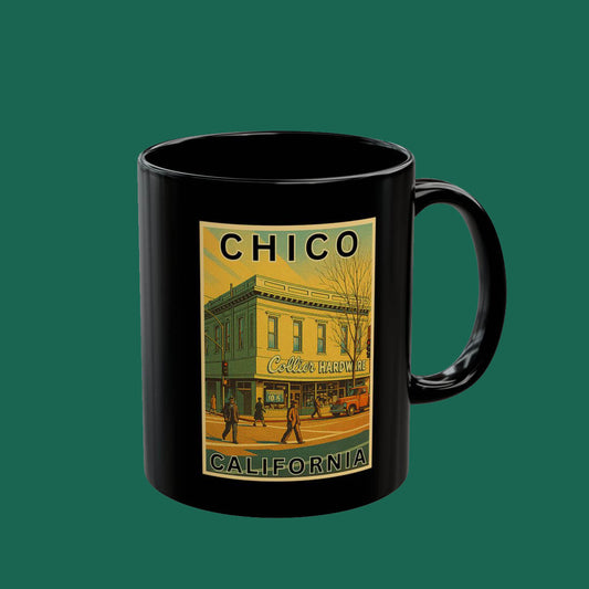 Chico California Vintage Travel Poster Black Mug – Retro Cityscape Coffee Cup (11oz/15oz)