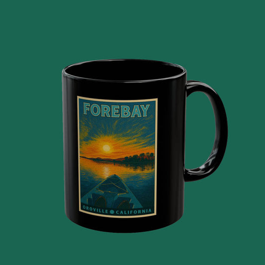 Forebay Sunset Scenic Black Mug — Oroville, California Vintage Kayak Design