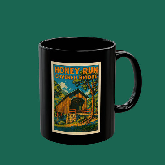 Covered Bridge Vintage Travel Mug – “Honey Run Covered Bridge” Black Coffee Mug (11oz/15oz)
