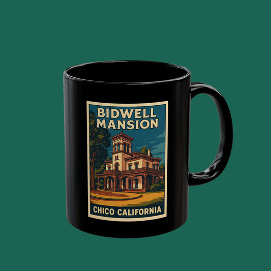 Bidwell Mansion Chico California Black Coffee Mug – Vintage Travel Poster Design (11oz/15oz)