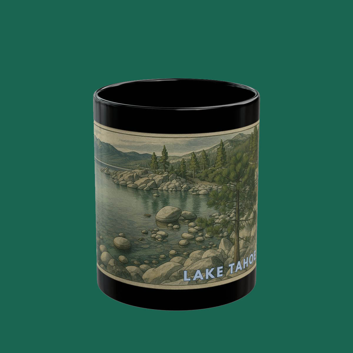 Lake Tahoe Scenic Black Mug — Vintage Lake Landscape Coffee Cup (11oz/15oz)