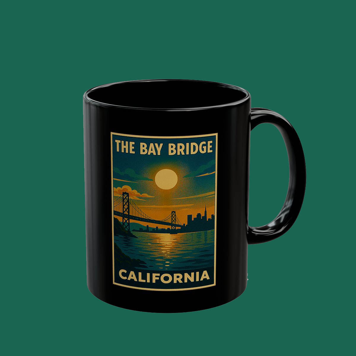Bay Bridge California Black Mug — Vintage Sunset Skyline Coffee Cup
