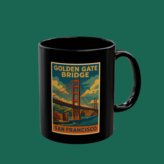 Golden Gate Bridge Vintage Poster Black Mug — San Francisco Travel Coffee Cup (11oz/15oz)