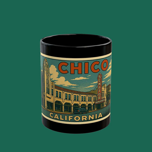 Chico California Vintage Travel Mug — Retro Scenic Black Coffee Cup (11oz/15oz)