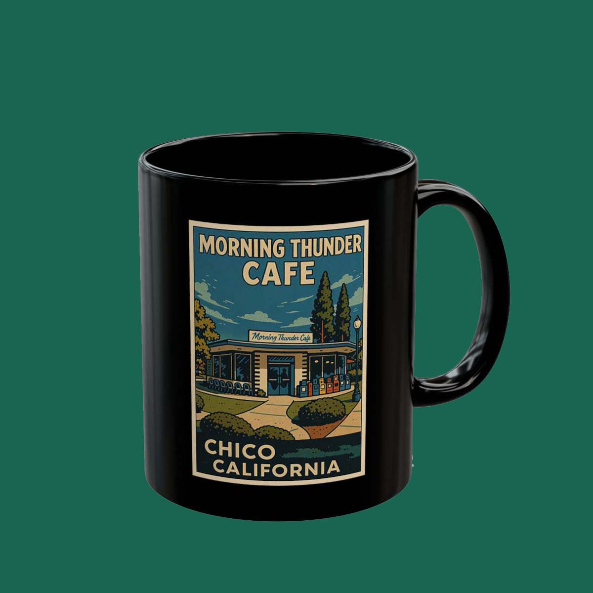 Morning Thunder Cafe Black Mug — Chico California Retro Diner Coffee Cup (11oz/15oz)
