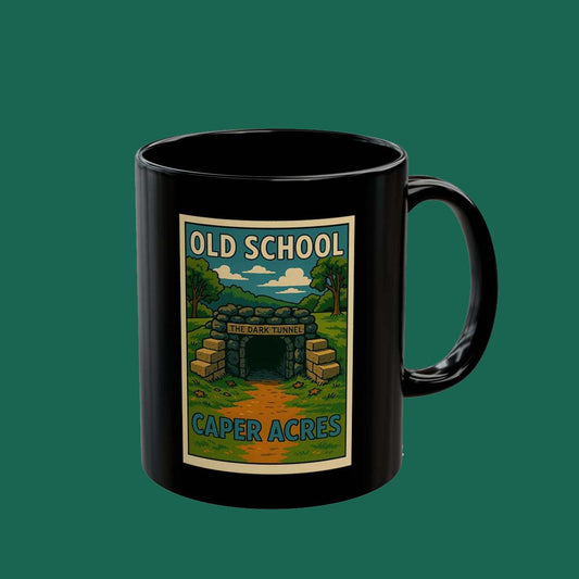 Old School Caper Acres Black Mug — Retro Countryside Scenic Coffee Cup (11oz/15oz)